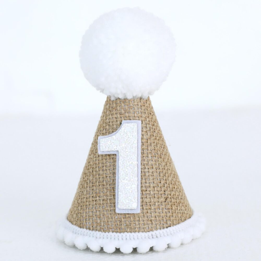 7557 Brown Boho Burlap 1st Birthday Hat Boy One Party Cone Hat Baby First